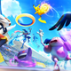Many colorful Pokémon reach for a ring in an illustration for Pokémon Unite